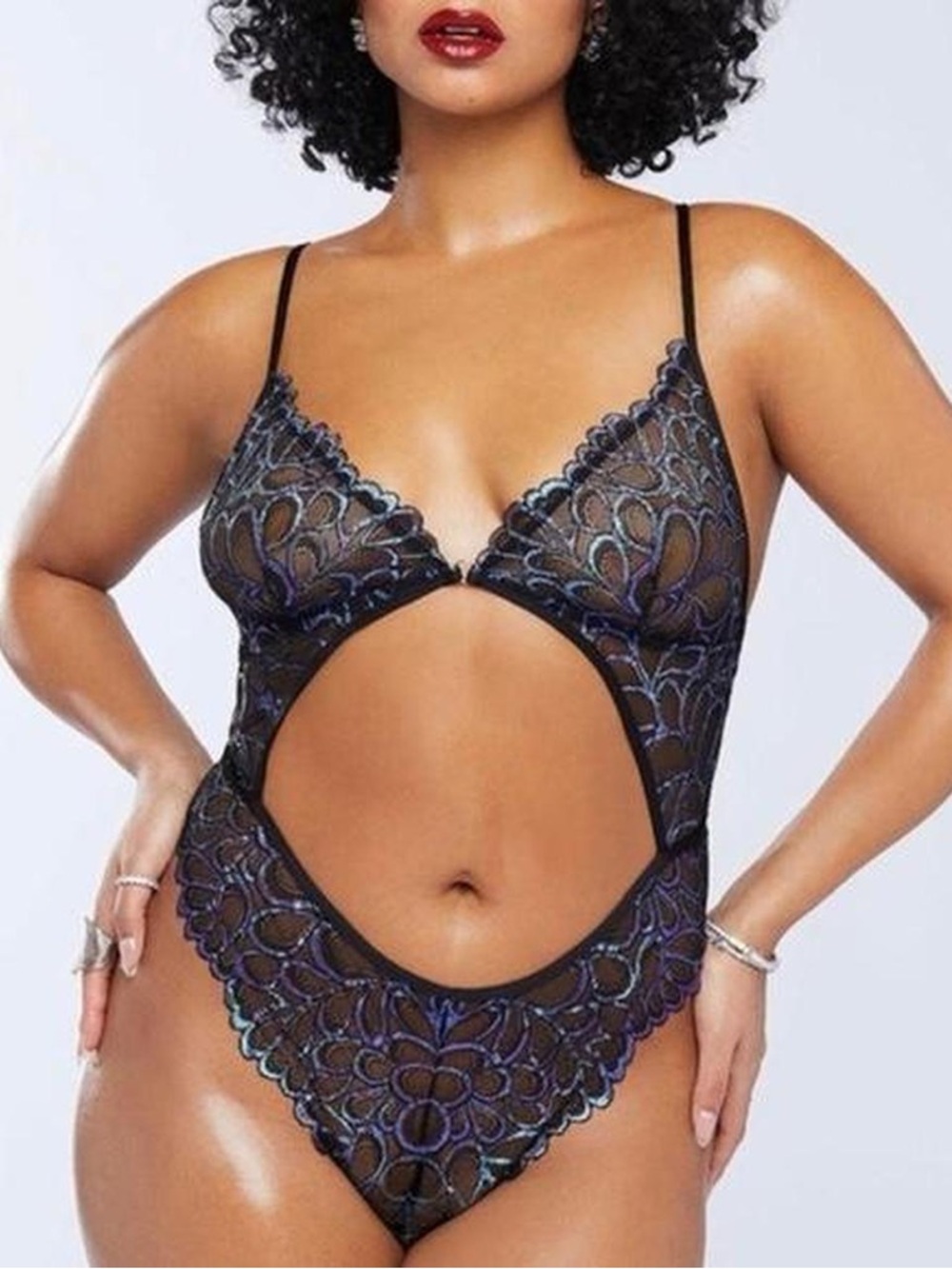 Savage X Fenty Black Lace Cutout Teddy with Iridescent Stitching